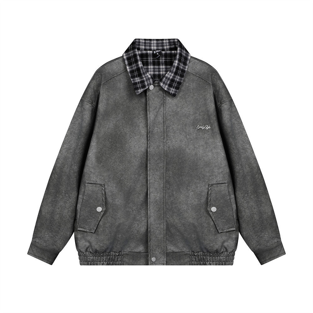 Vercanti Plaid-Stitch Heritage Leather Lapel Coat