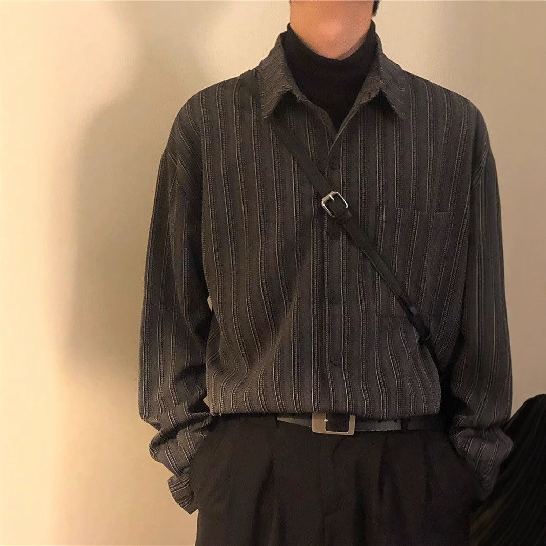 Men's Retro Loose-Fit Striped Long Sleeve Shirt