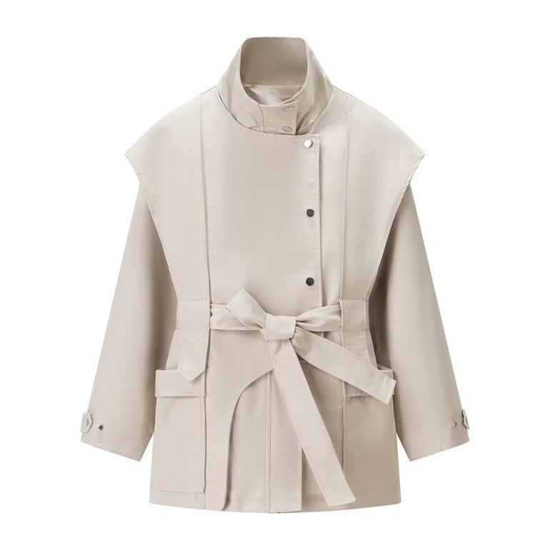 Elegant Stand-Collar Belted Trench Coat