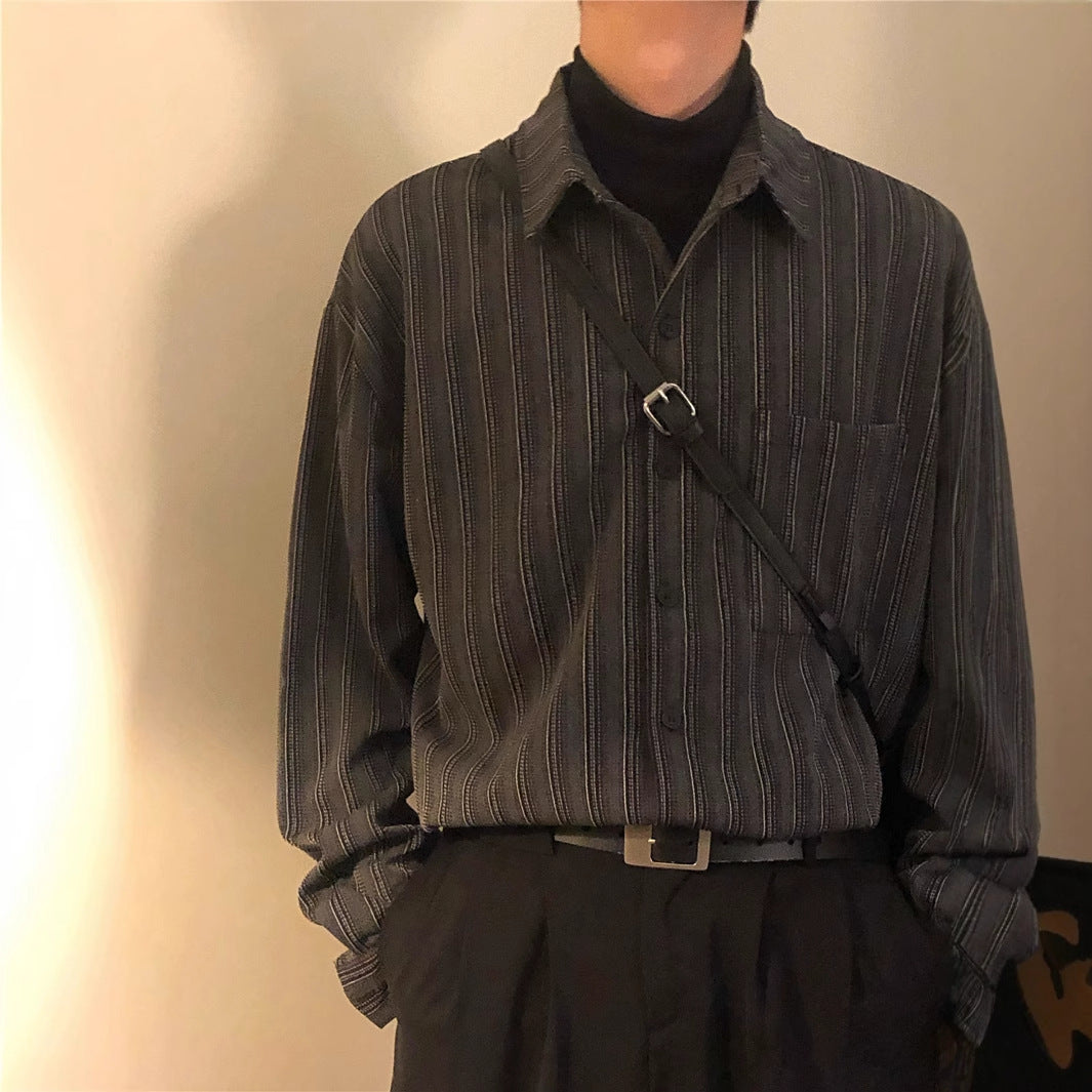Men's Retro Loose-Fit Striped Long Sleeve Shirt