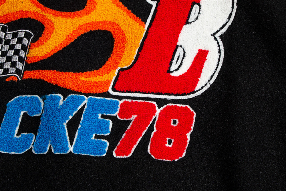 InfernoStitch Flame Embroidered Streetwear Varsity Jacket