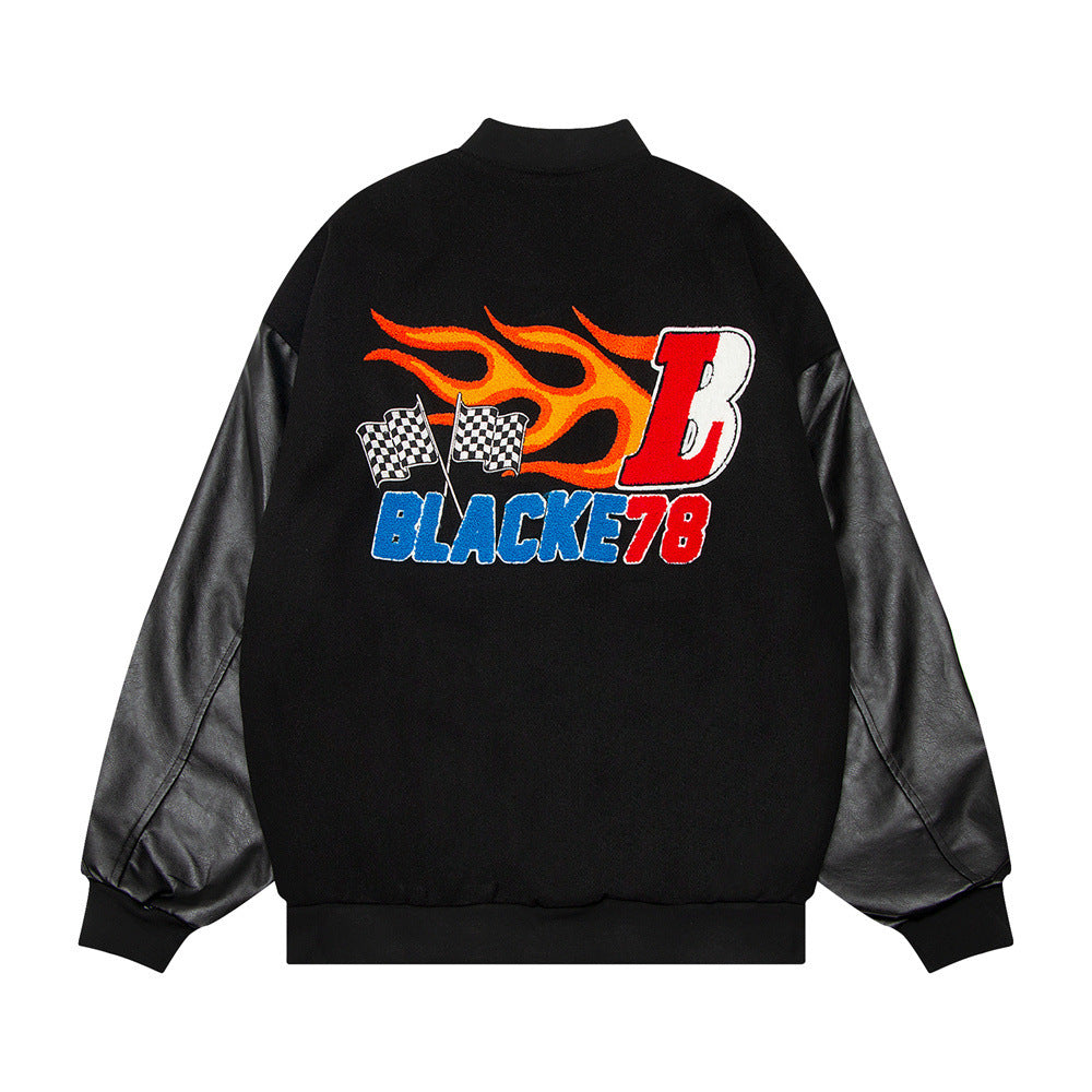 InfernoStitch Flame Embroidered Streetwear Varsity Jacket
