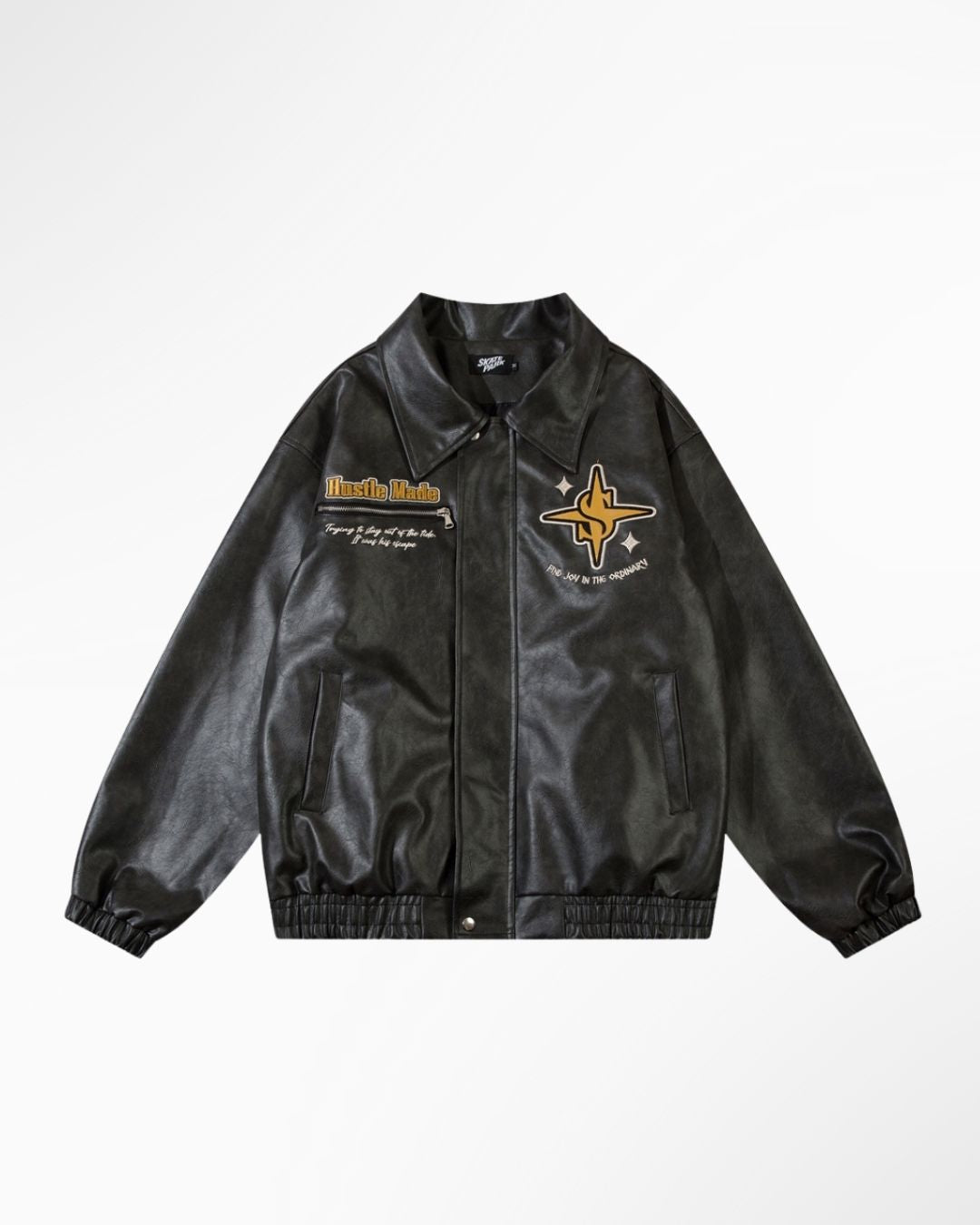 EuroAmer Embroidered Lapel Leather Coat