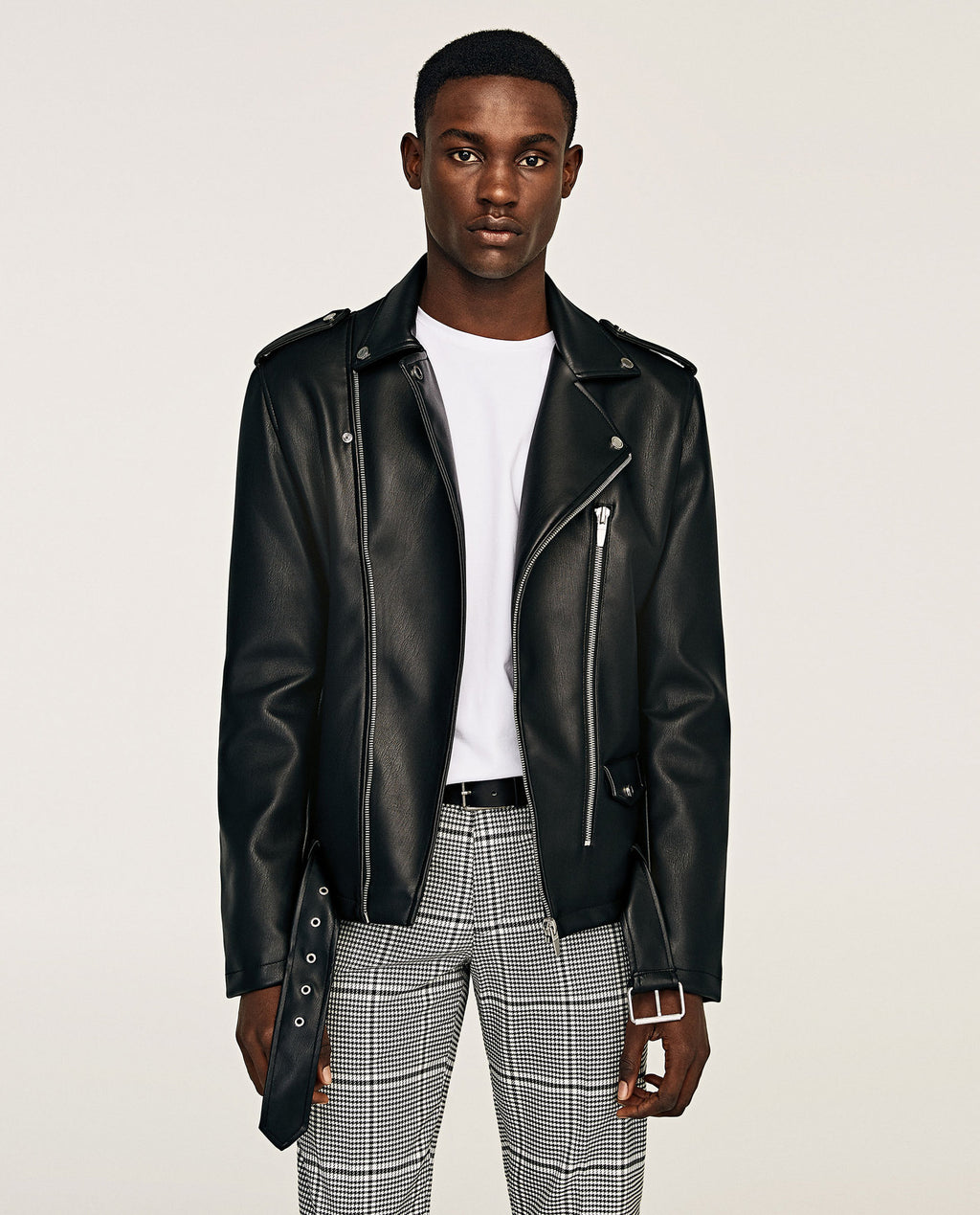 Small Lapel Belted Leather Motorcycle Jacket