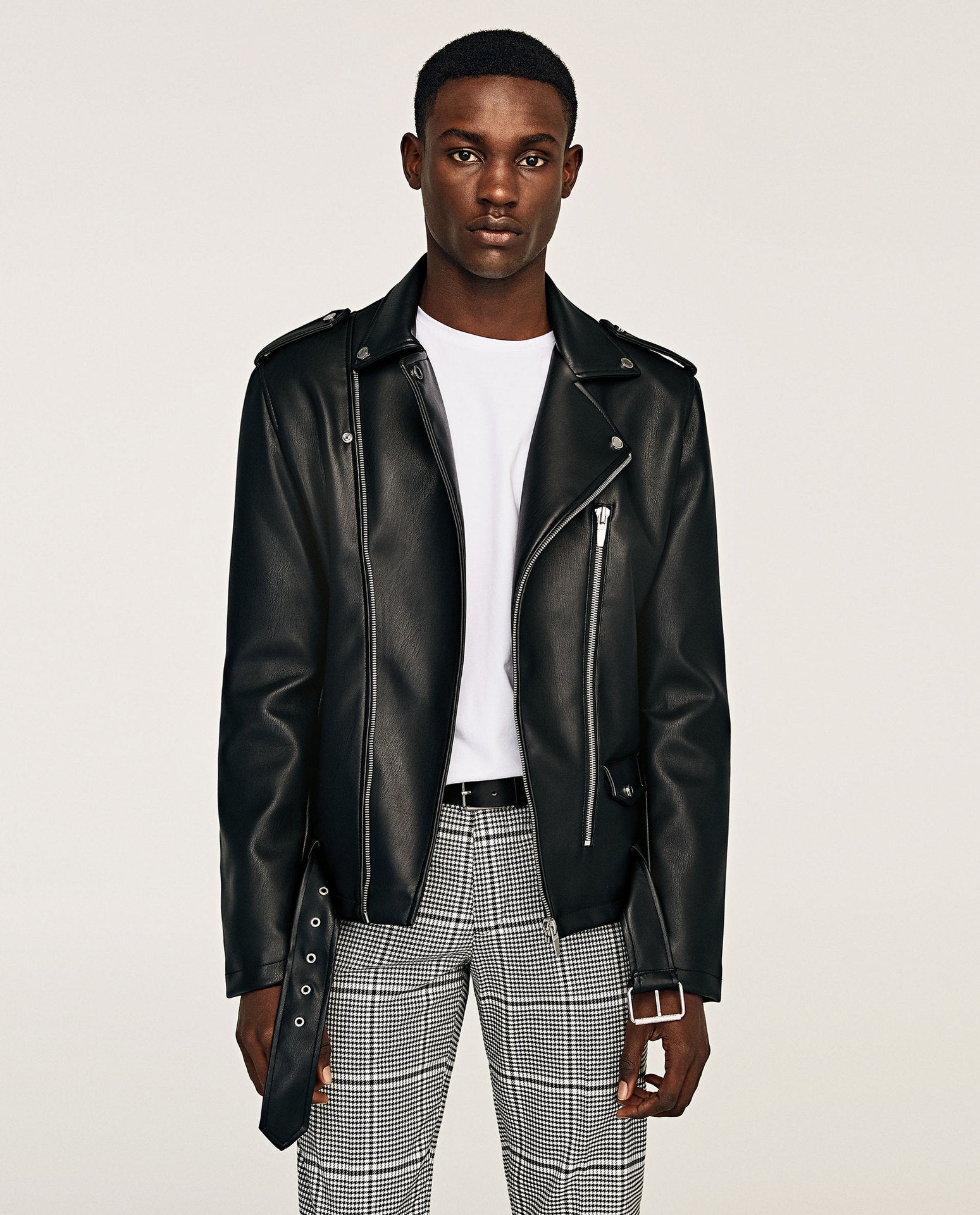 Small Lapel Belted Leather Motorcycle Jacket