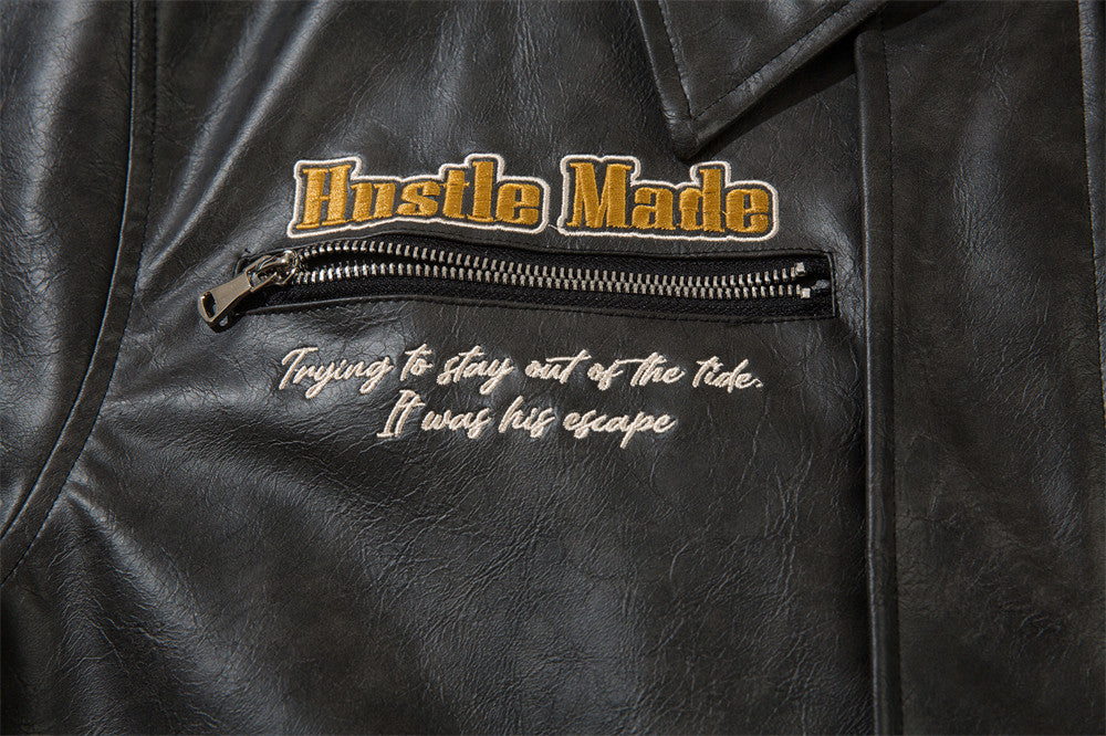 EuroAmer Embroidered Lapel Leather Coat