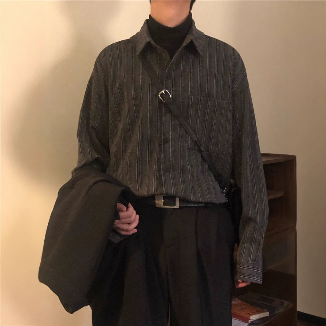 Men's Retro Loose-Fit Striped Long Sleeve Shirt