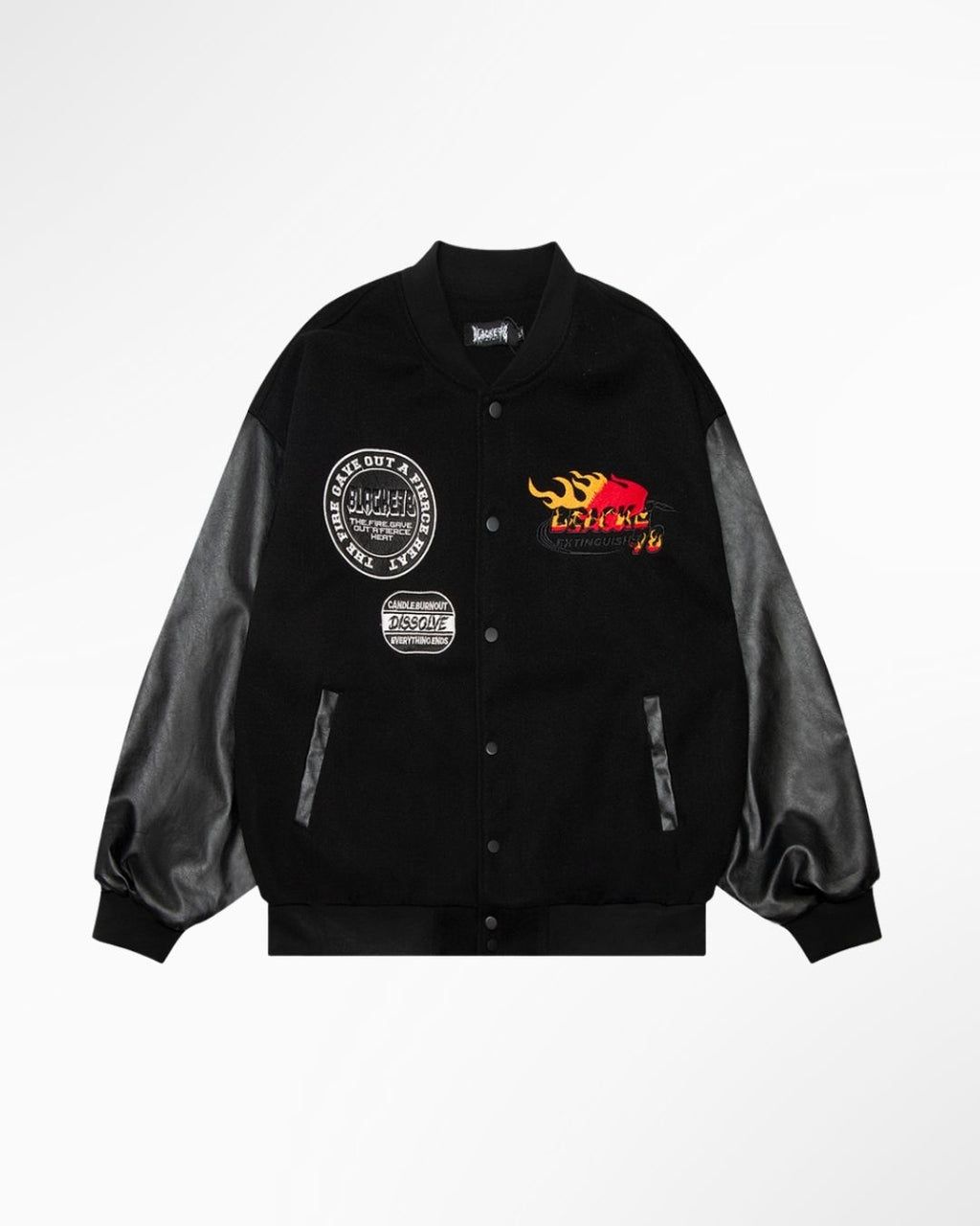 InfernoStitch Flame Embroidered Streetwear Varsity Jacket